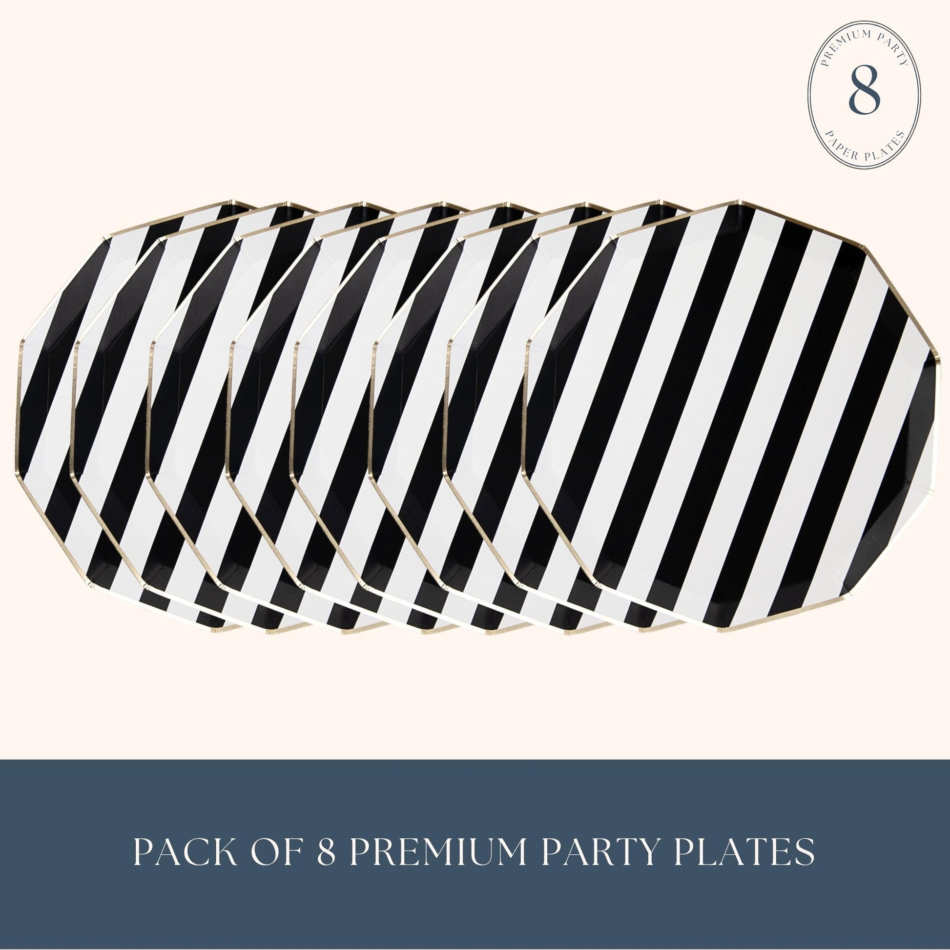 Bonjour Fête Black Cabana Stripe Party Plates | Gold Foil Sturdy Disposable Plate for Holiday & Tailgate Parties | Large Lunch & Dinner Plate | Pack