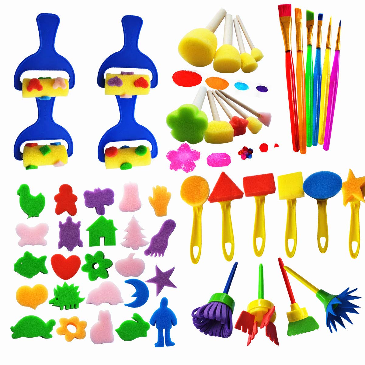 Himeeu 53 Pcs Paint Sponge Brush Sets, Kids Art Tool Kits, DIY Crafts Drawing Tools,Round Sponges,Color Randomly