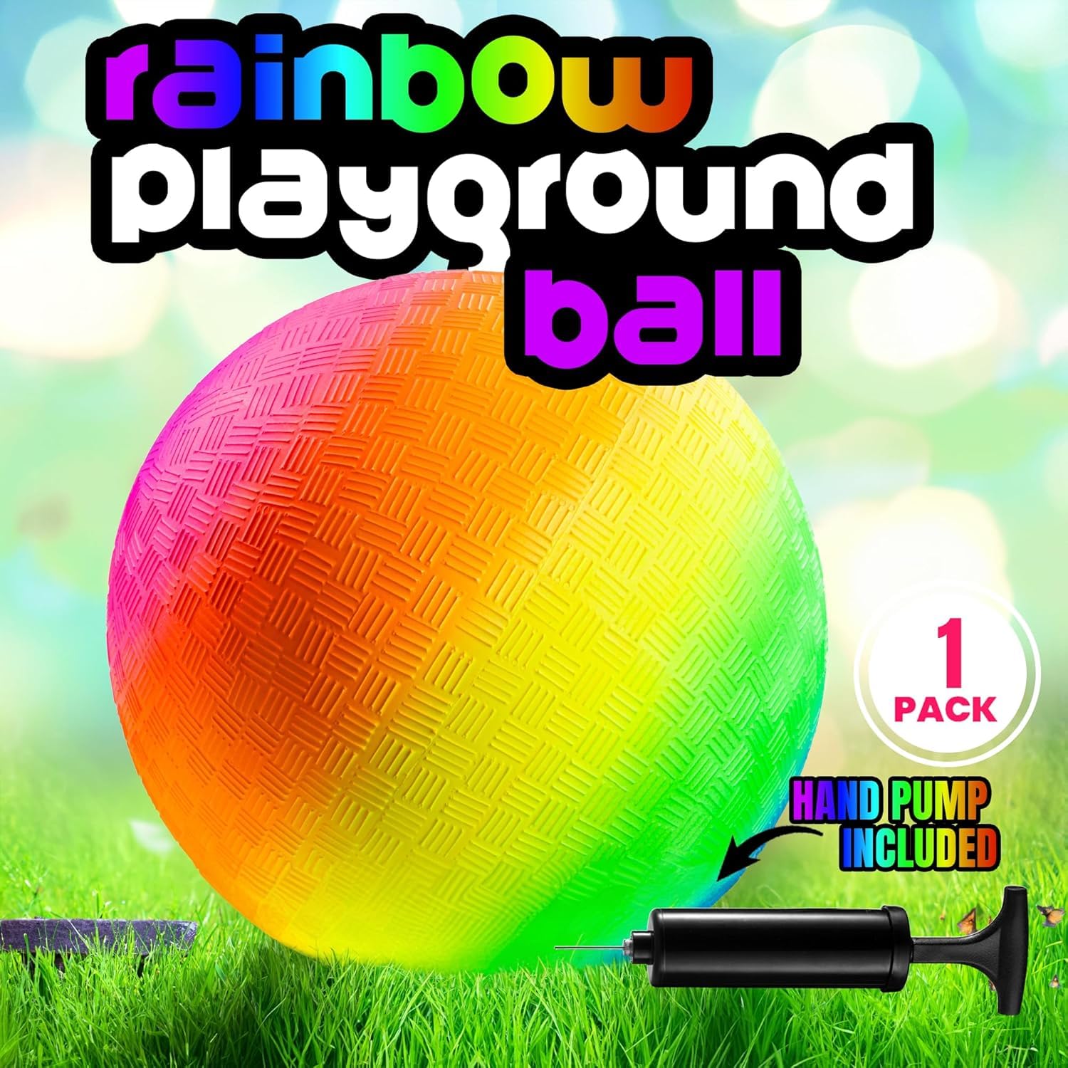 8.5-Inch Rainbow Playground Ball with Hand Pump for Kickball & Dodgeball
