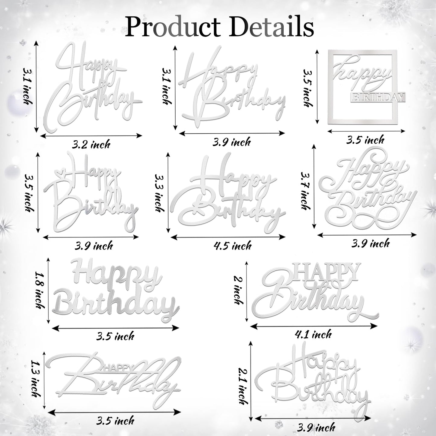 10Pcs Silver Acrylic Happy Birthday Cake Topper for Birthday Party Supplies