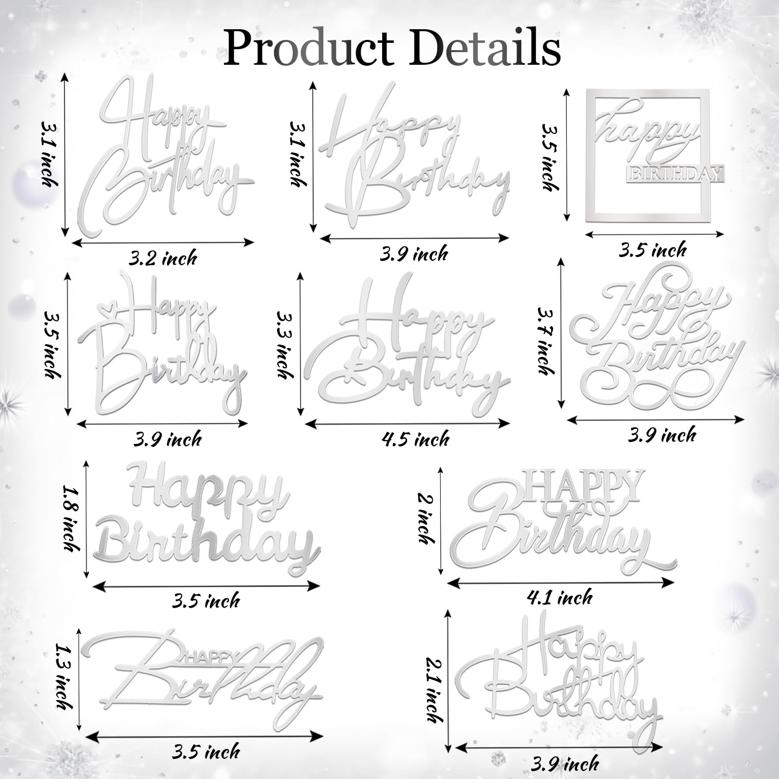 10Pcs Silver Acrylic Happy Birthday Cake Topper for Birthday Party Supplies
