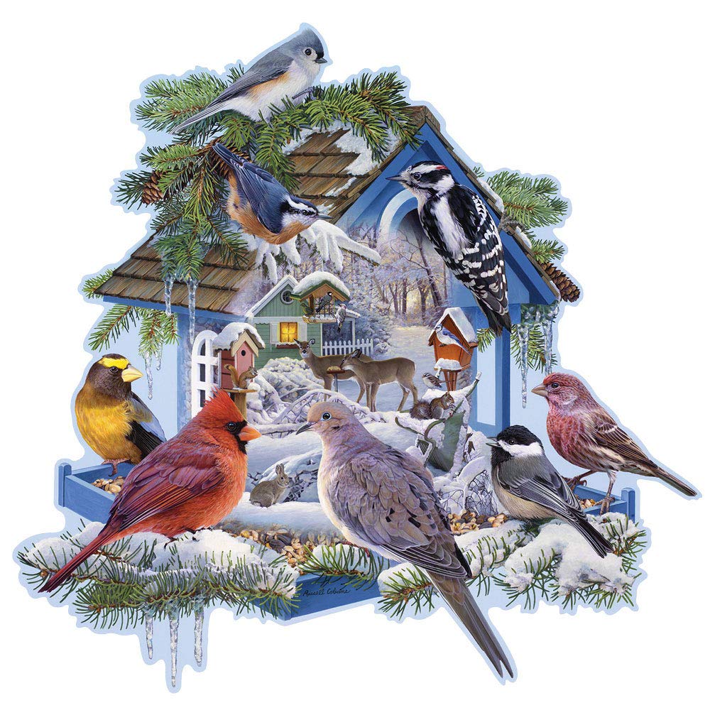 Bits and Pieces - 750 Piece Jigsaw Puzzle for Adults - Winter Bird Feeder - Snowy Birdhouse Jigsaw Puzzle by Artist Russel Cobane, Completed Puzzle