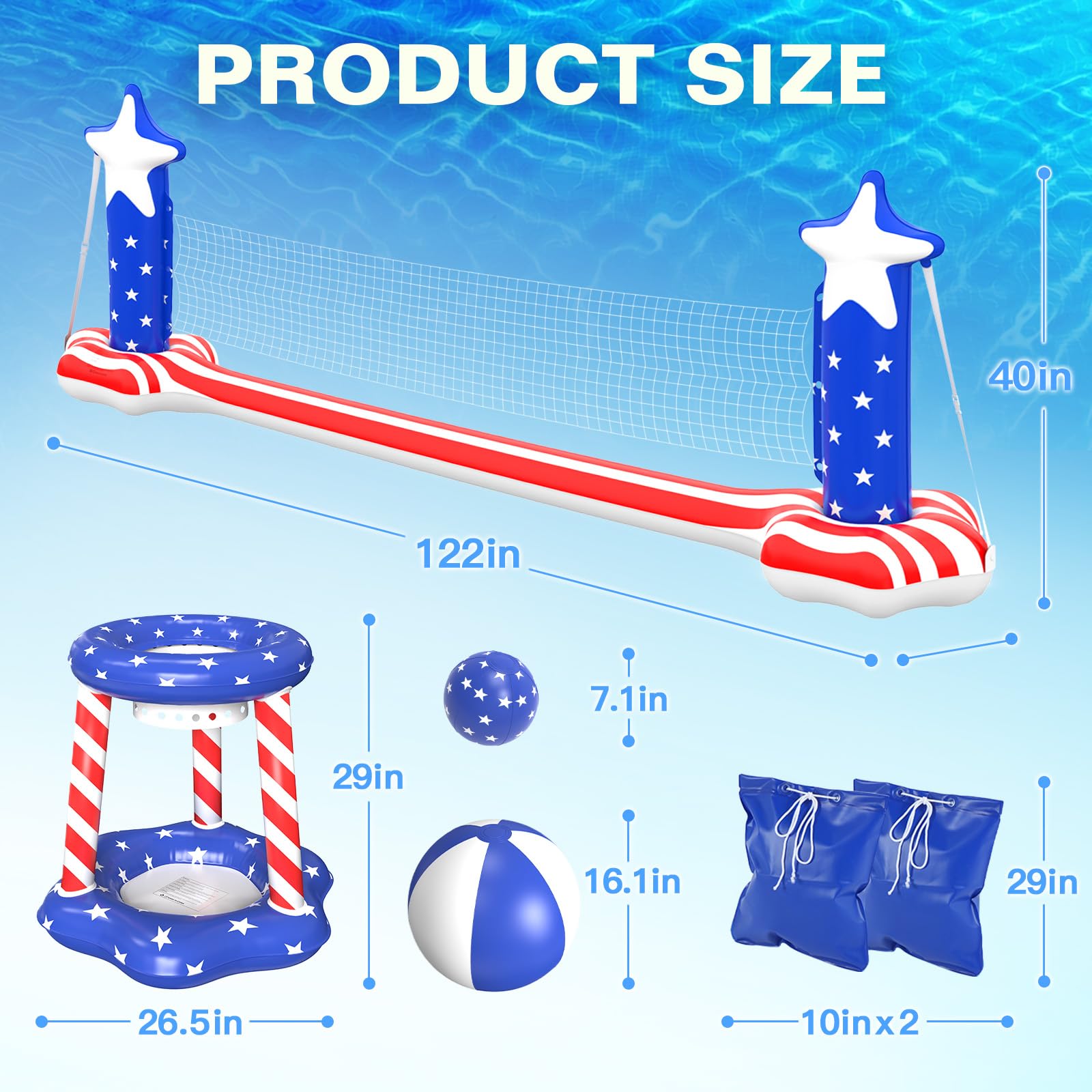 Aotiooy 4th of July Pool Toys Games Set, 2 in 1 Inflatable Volleyball Net & Basketball Hoop, Large Water Floating Volleyball Toy Summer Party for Kids