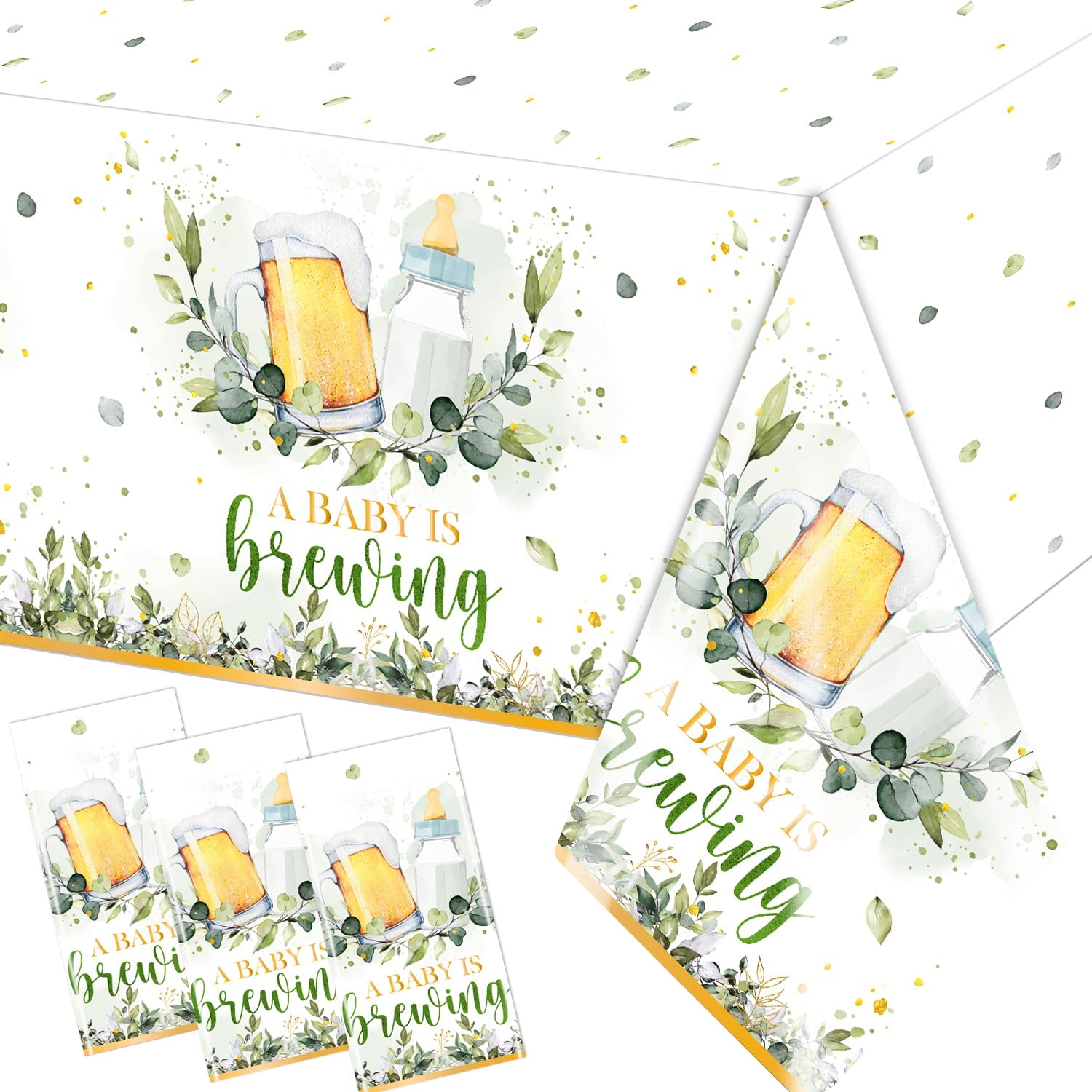 Baby Brewing Shower Decorations-3pcs A Baby is Brewing Tablecloth, Beer Feeding Bottle Baby Shower Table Covers for Boys Girls Baby Shower Party