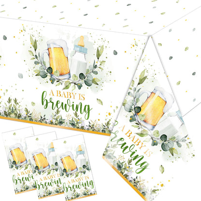 Baby Brewing Shower Decorations-3pcs A Baby is Brewing Tablecloth, Beer Feeding Bottle Baby Shower Table Covers for Boys Girls Baby Shower Party