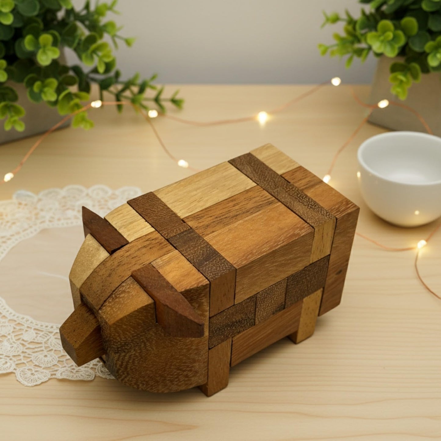 Pig Kumiki IQ Brain Teaser Wooden Puzzle - Disassemble and Rebuild This 3D Wooden Pig Shape 13 Pieces Puzzle
