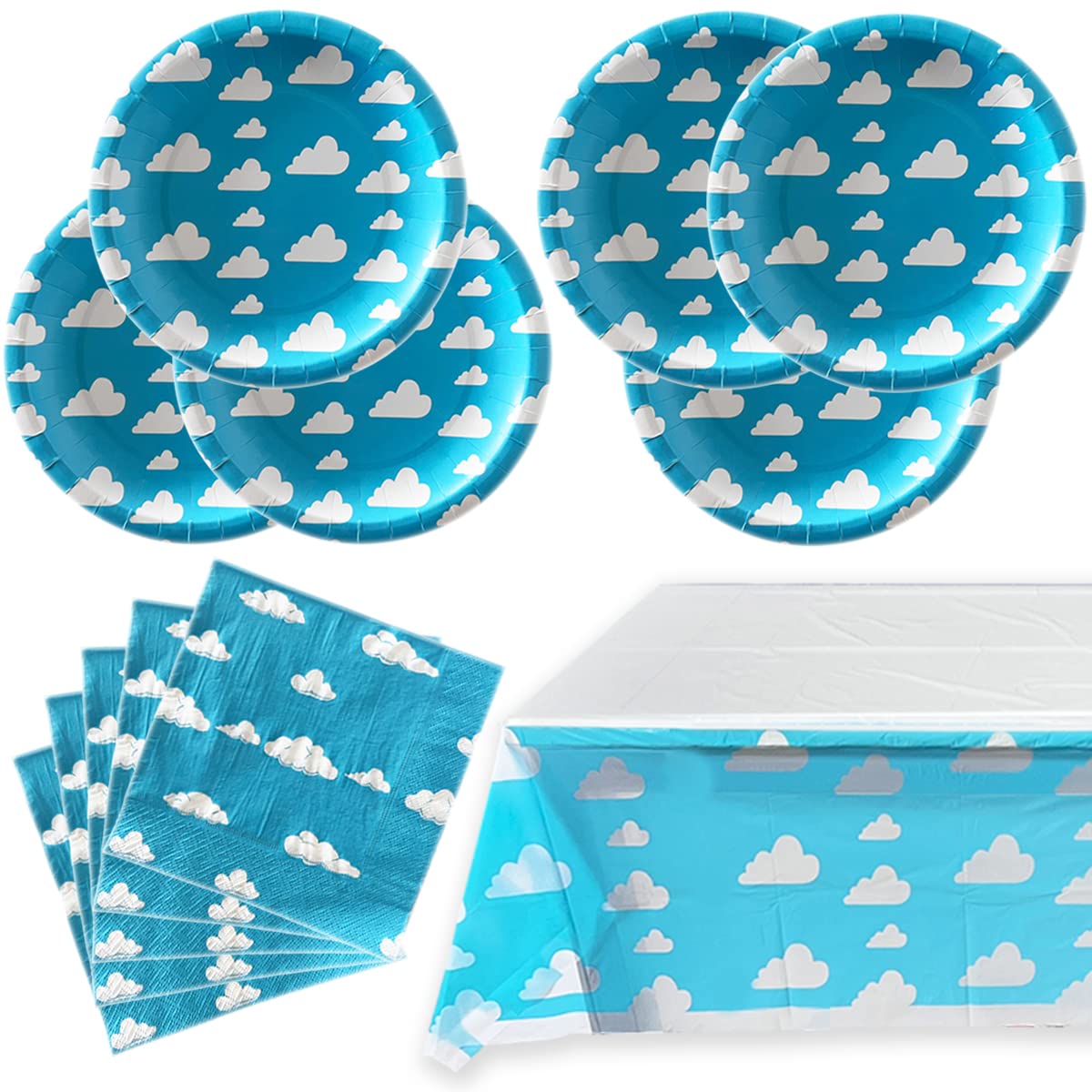 Blue Sky White Clouds Birthday Party Supplies, 20 Plates and 20 Napkins and Tablecloth71 '' x 42.5 '', Blue Sky Cartoon Theme Birthday Party