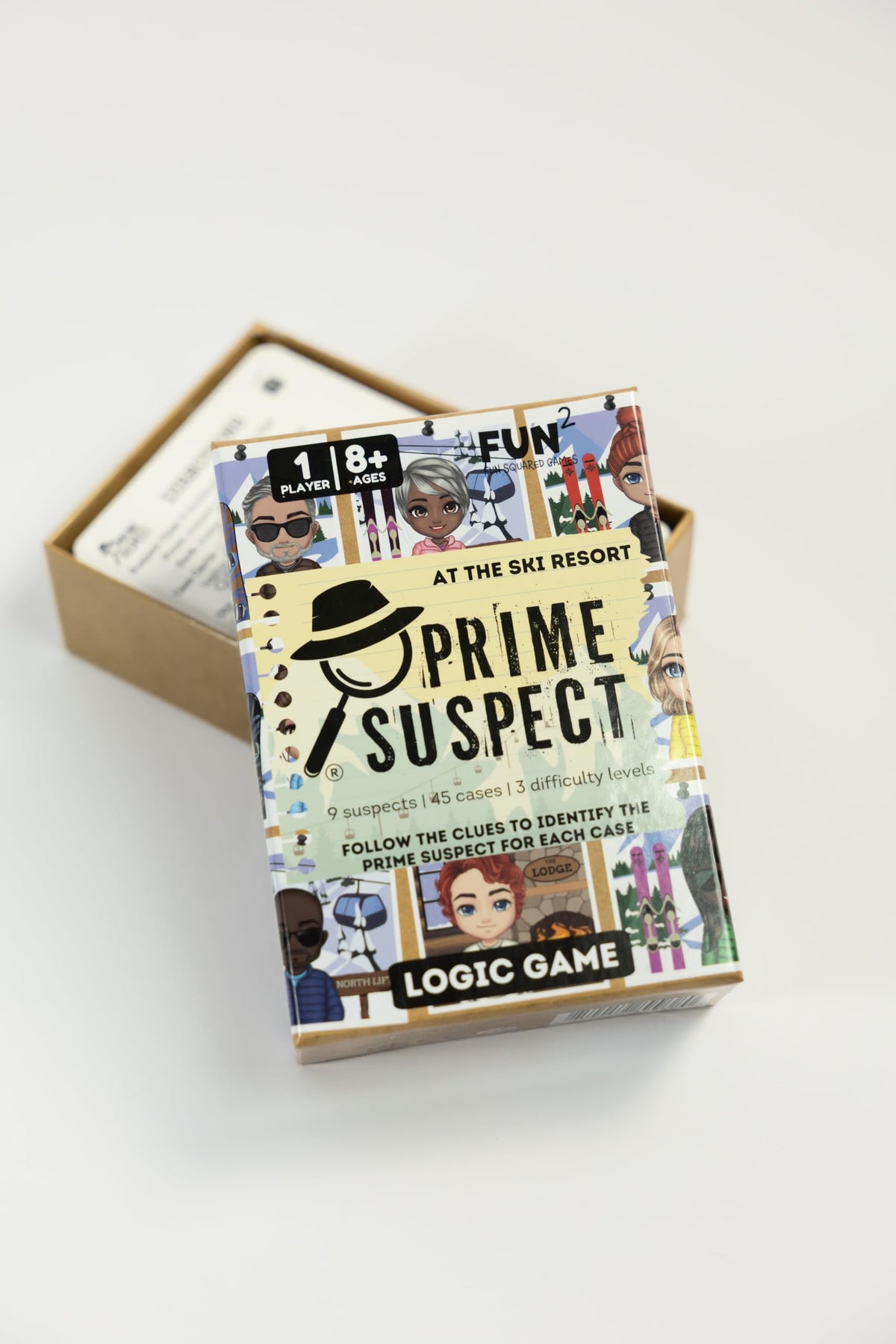 Fun Squared Games Prime Suspect Logic Game with 45 Case Cards | Single Player or Group Play | Ages 8+ | Compact Brain Teaser Game | Detective Game