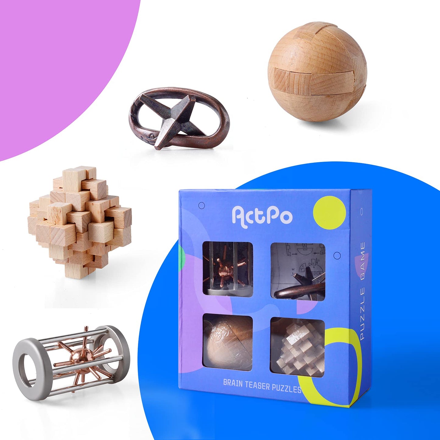 ActPo 4Pcs Wooden and Metal Puzzles Gift for Kids and Adult Educational Toys Office Toys 3D Unlock Interlock Assorted Brain Teasers Puzzles