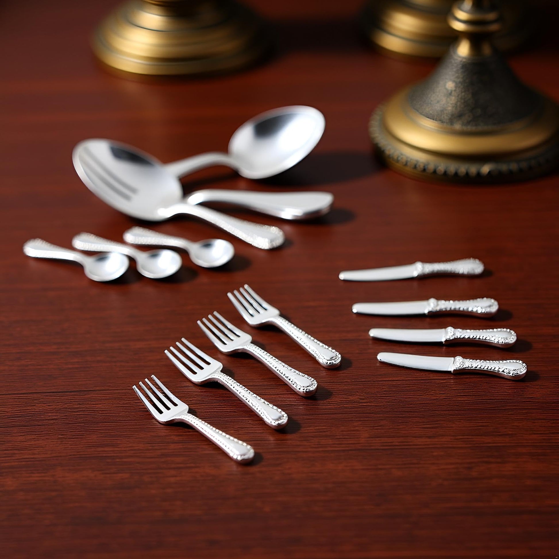 12 Pcs Silver 1/12 Miniature Silverware Knife Fork Spoon 12Pcs Set Dollhouse Decoration Accessories, Miniature Dollhouse mini Knives for Cupcake