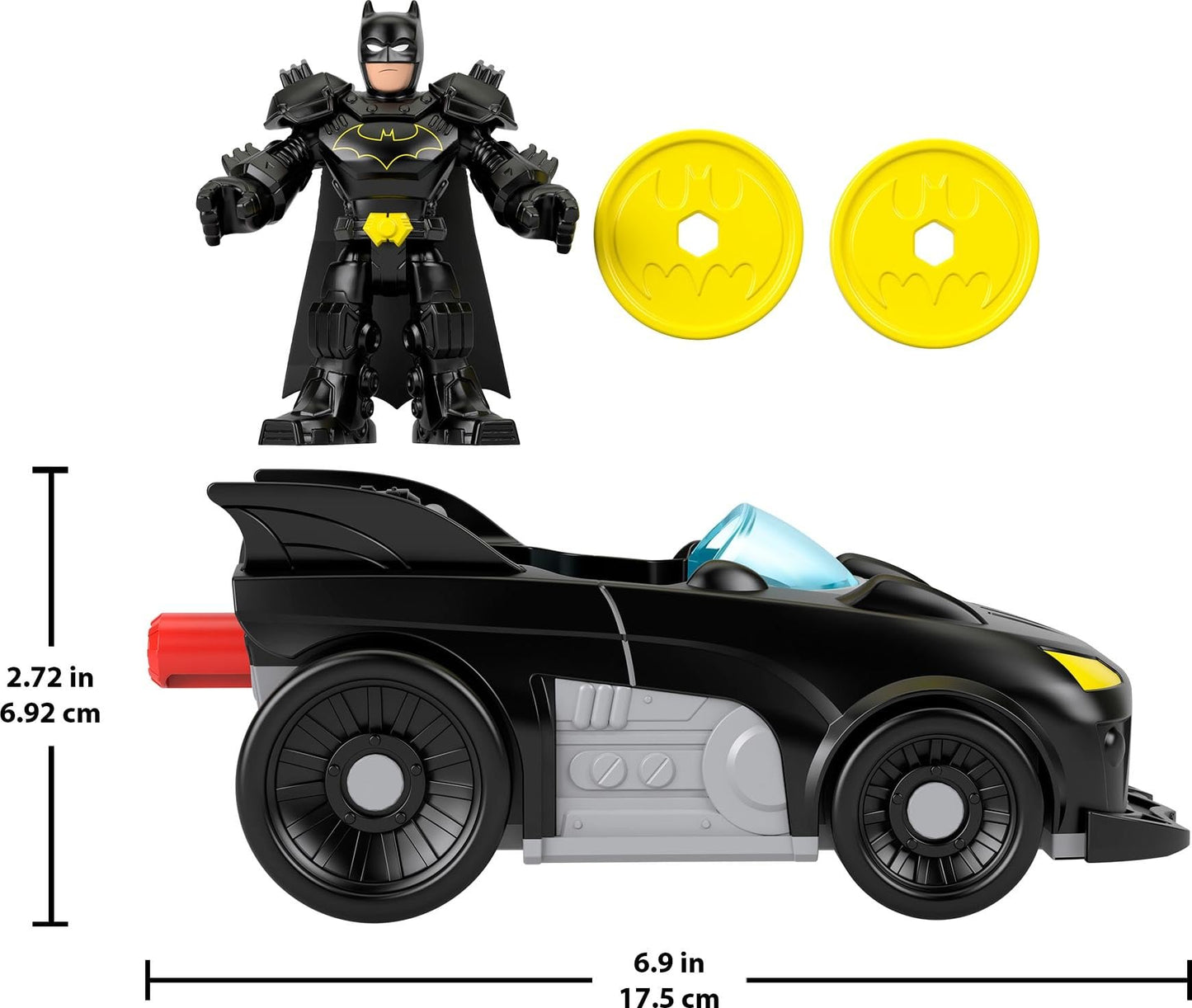 Fisher-Price Imaginext DC Super Friends Metal Force Batmobile Toy Car, 3-inch Batman Action Figure & Accessories Set, Includes Launcher & 2 Discs