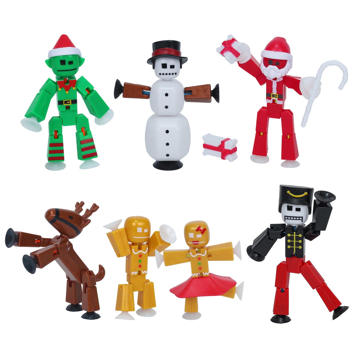 Zing StikBot Christmas Crew Pack - 7 Festive Themed Poseable Action Figures with Holiday Accessories, Stop Motion Animation Toy for Kids