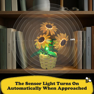 Sunflower Building Set with Motion Sensing LED Light- 465 PCS Botanical Collection Potted Plant Compatible with Lego, Artificial Flower Blocks
