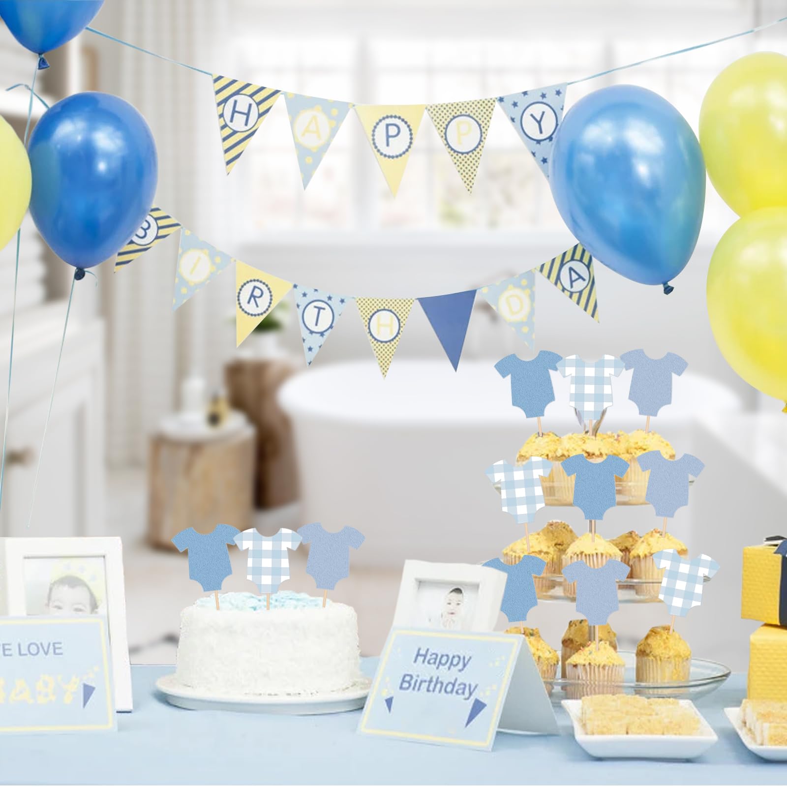 48 PCS Blue Bodysuit Happy Birthday Cupcake Toppers Party Decorations