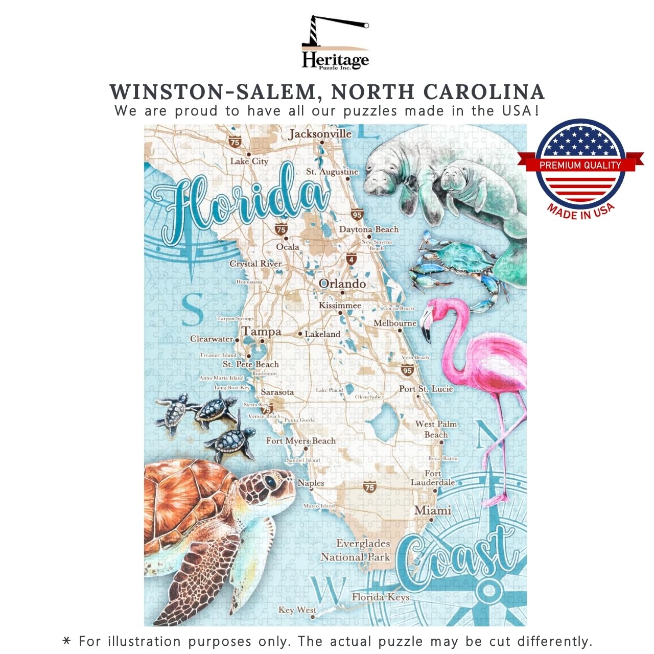 Heritage Puzzle - Florida Coast by Kira Talerico 550 Piece Puzzles for Adults & Family, Map & Wildlife Theme, Manatee & Flamingo Art - Frameable