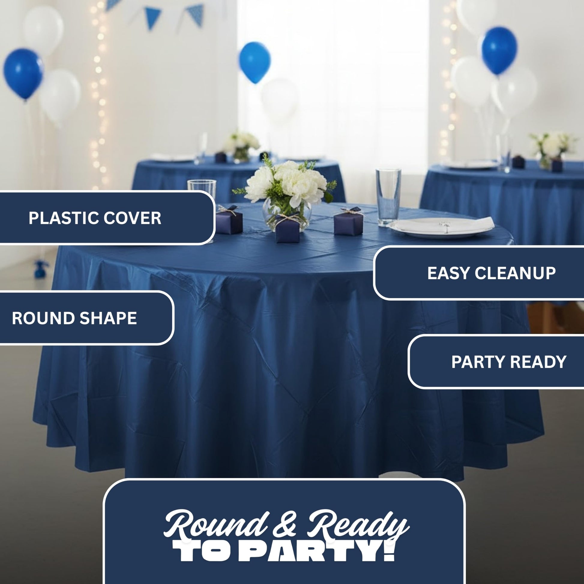 Fun Express Navy Blue Round Plastic Tablecover, 82", 1 Piece