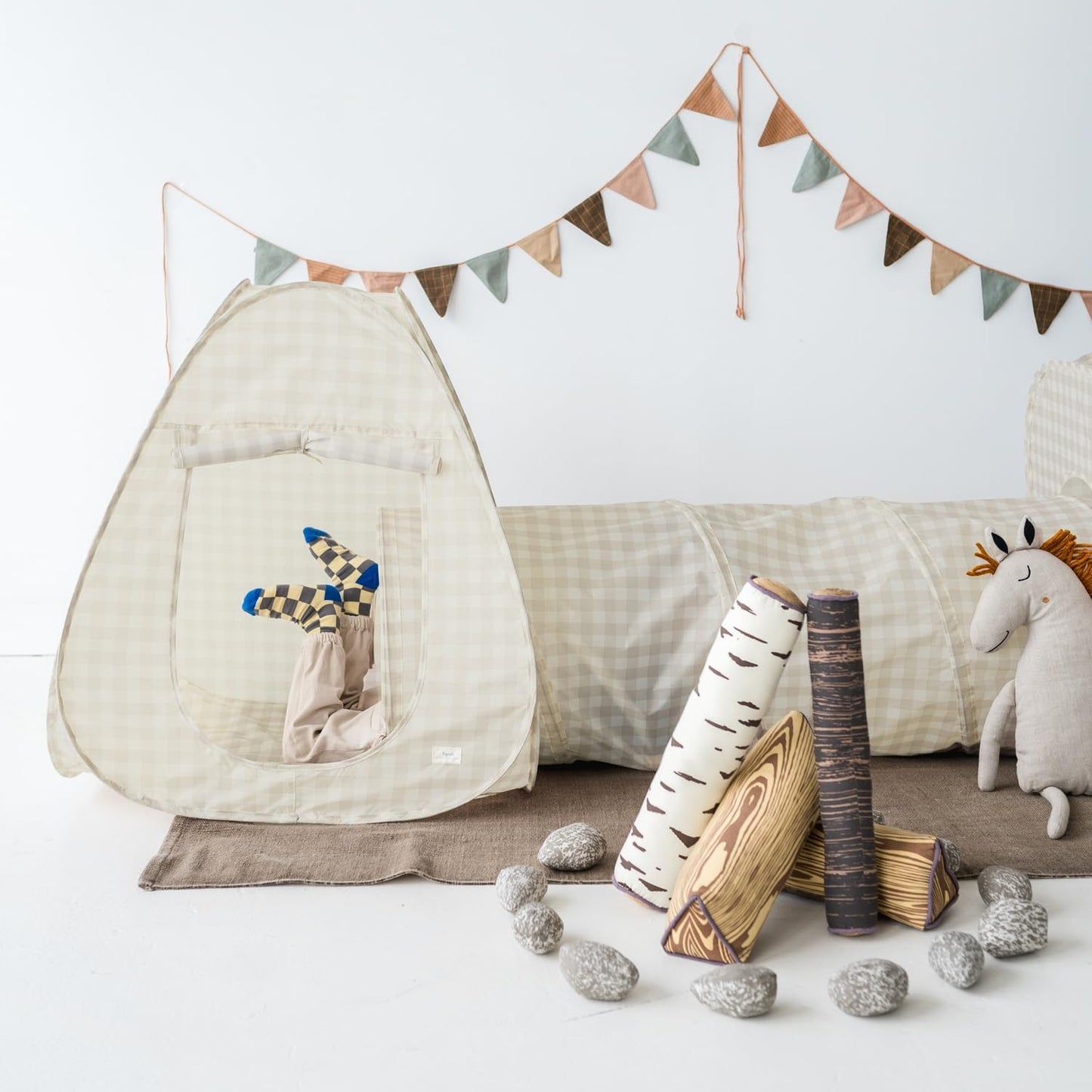 3 Sprouts Play Tent and Tunnel Set, 3-in-1 Pop Up, Gingham Beige