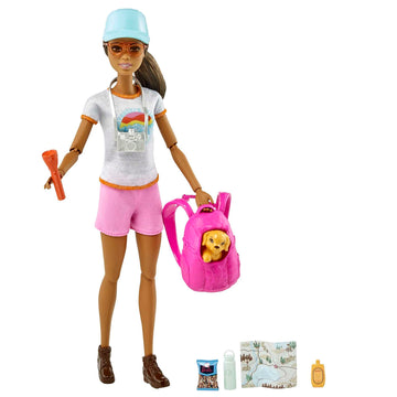 Barbie Self-Care Doll, Brunette Posable Hiking Doll with Puppy & Accessories Including Backpack Pet Carrier & Camera