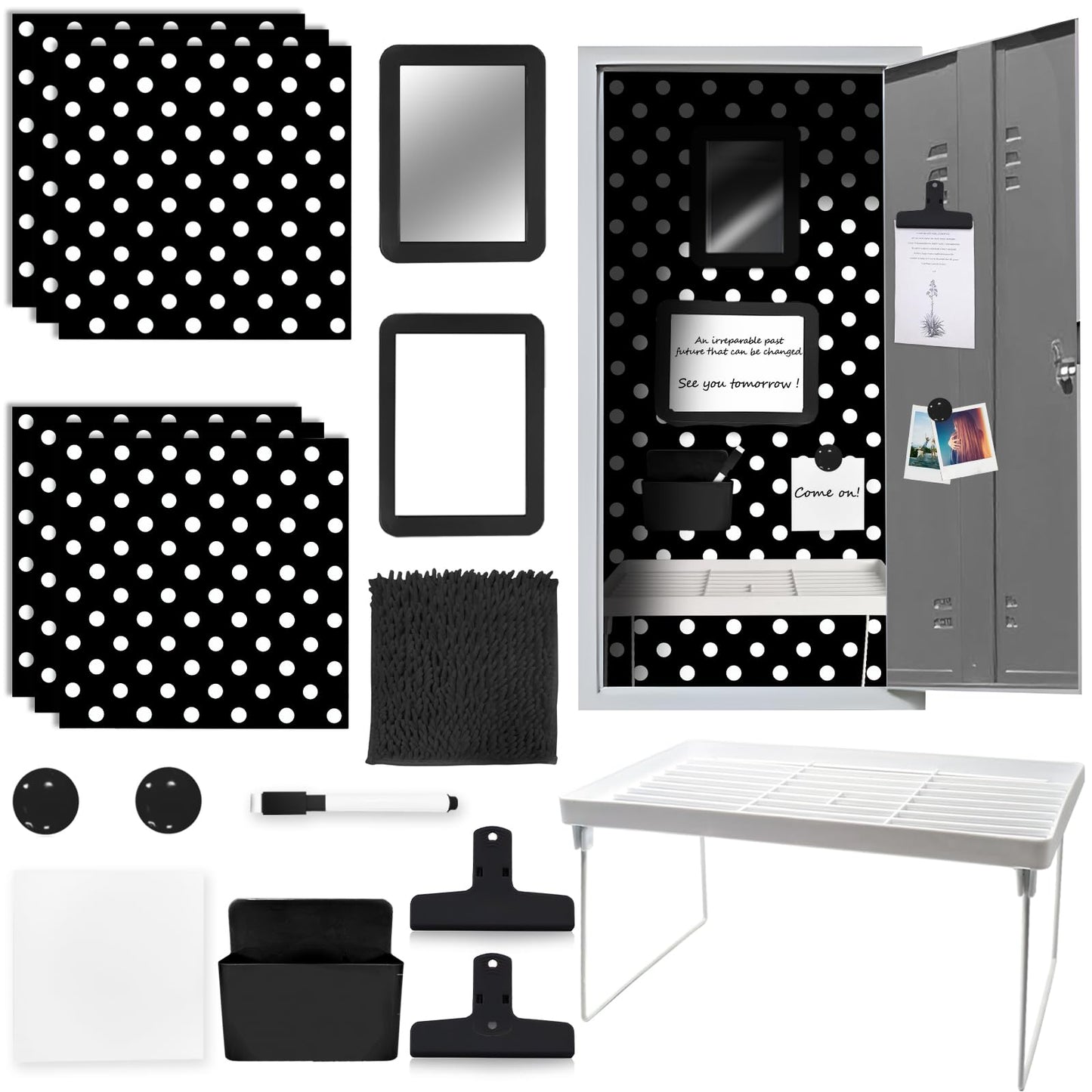 COARVXA 17Pcs Locker Set with 6 Magnetic Locker Wallpaper Locker Shelf Whiteboard Dry Erase Board Fur Rug Carpet Marker Sticky Note for School Lockers