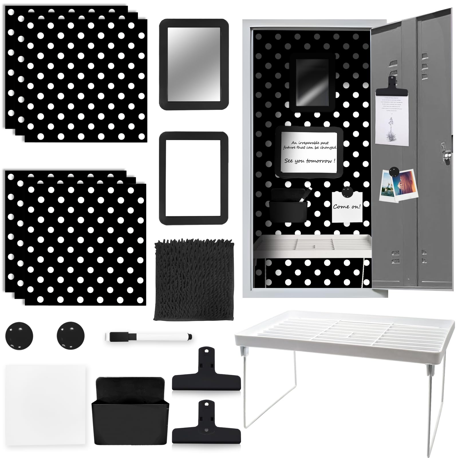 COARVXA 17Pcs Locker Set with 6 Magnetic Locker Wallpaper Locker Shelf Whiteboard Dry Erase Board Fur Rug Carpet Marker Sticky Note for School Lockers