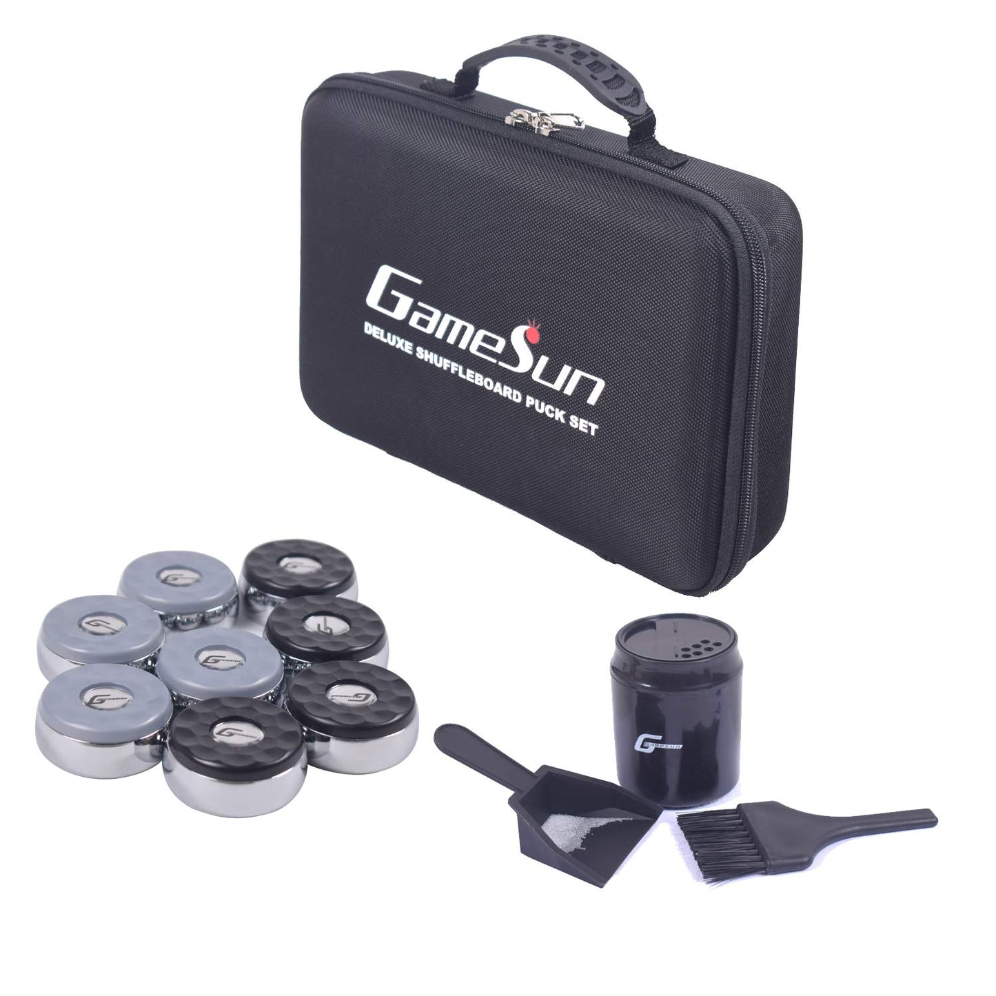 GAMESUN Shuffleboard Pucks (Set of 8) - 2 5/16" (58mm) with ABS Caps - Chrome, Black