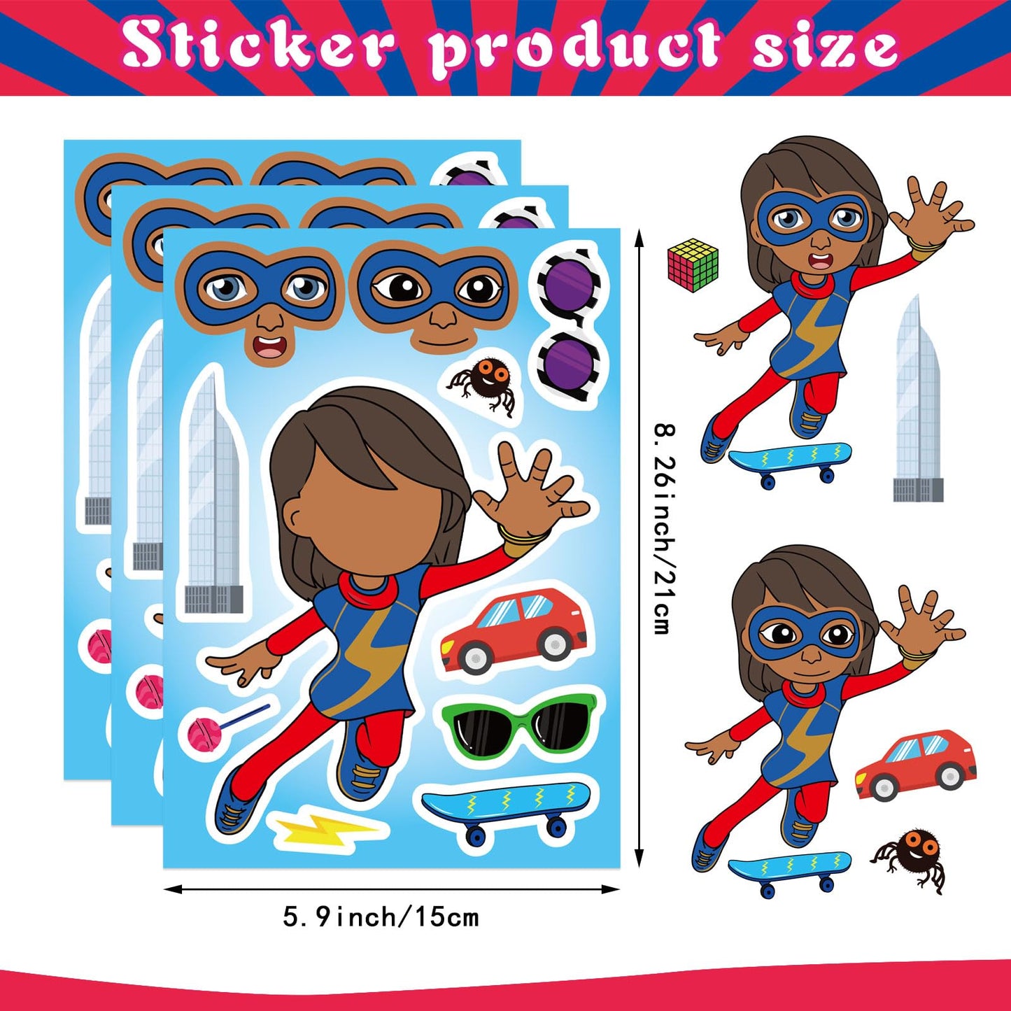 36 Pieces Make-a-face Stickers Pack, Heroes Make Your Own Stickers, Mixed & Matched with 12 Designed Characters(3 of Each) for Party Decoration