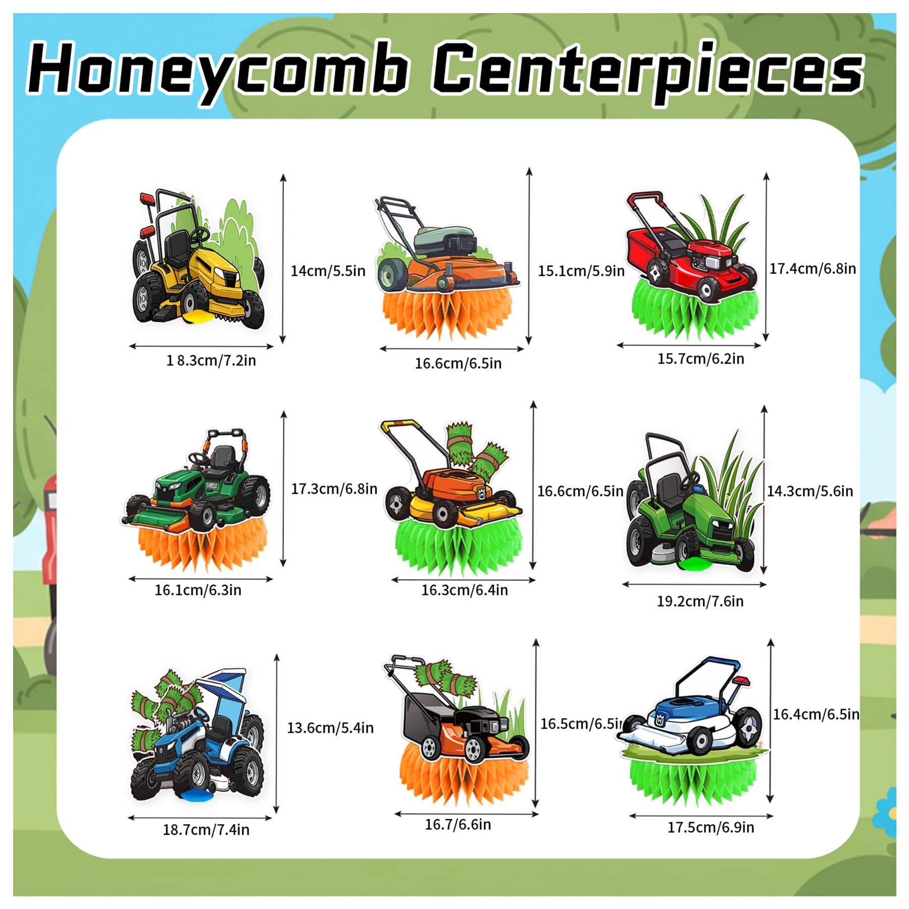 9 Pcs Lawn Mower Honeycomb Centerpieces Lawn Mower Table Decorations Lawnmower Party Decorations for Lawn Mower Birthday Party Supplies