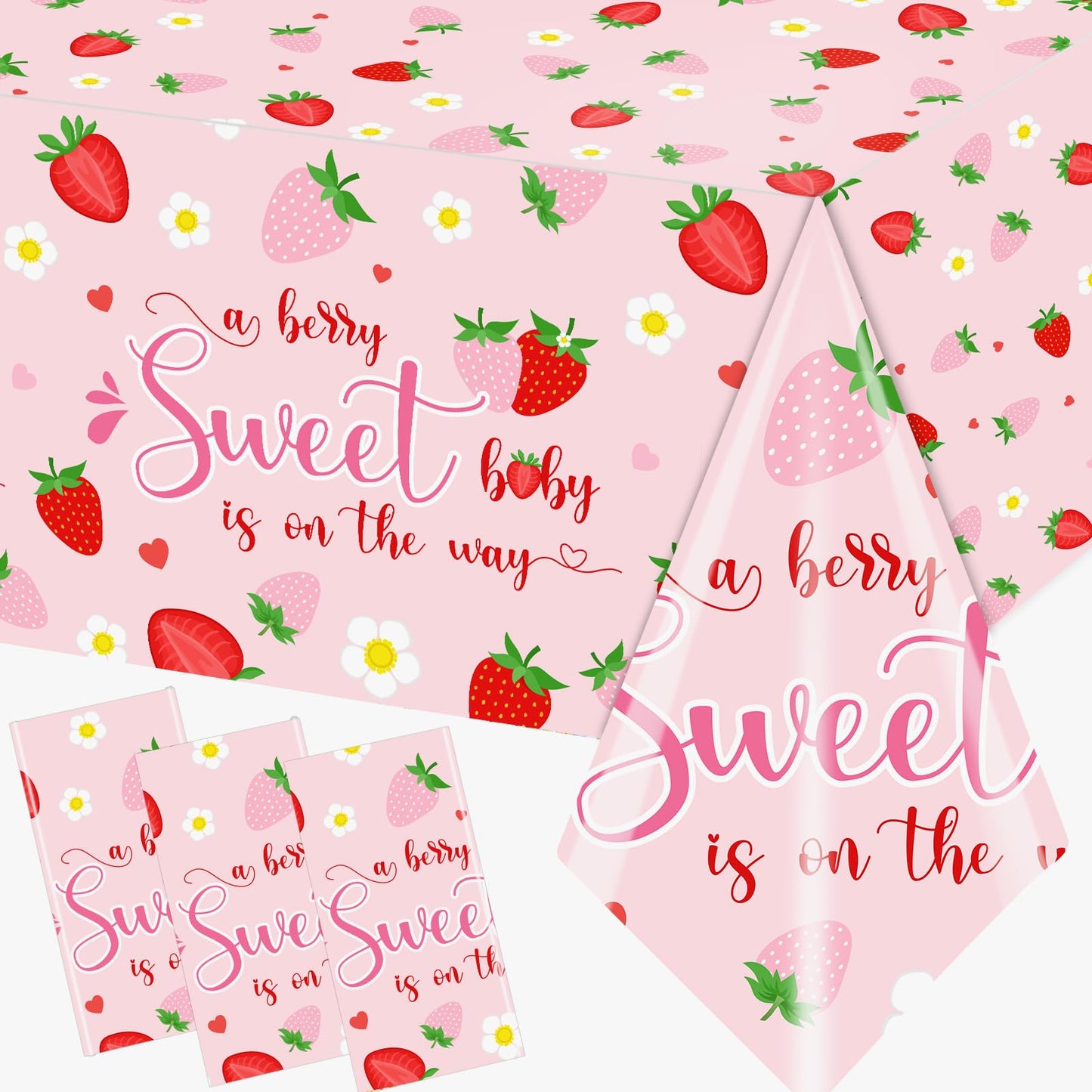 Strawberry Baby Shower Decorations Tablecloth, 3Pcs A Berry Sweet Baby is on The Way Decorations Strawberry Tablecloth, Sweet Baby Table Cover