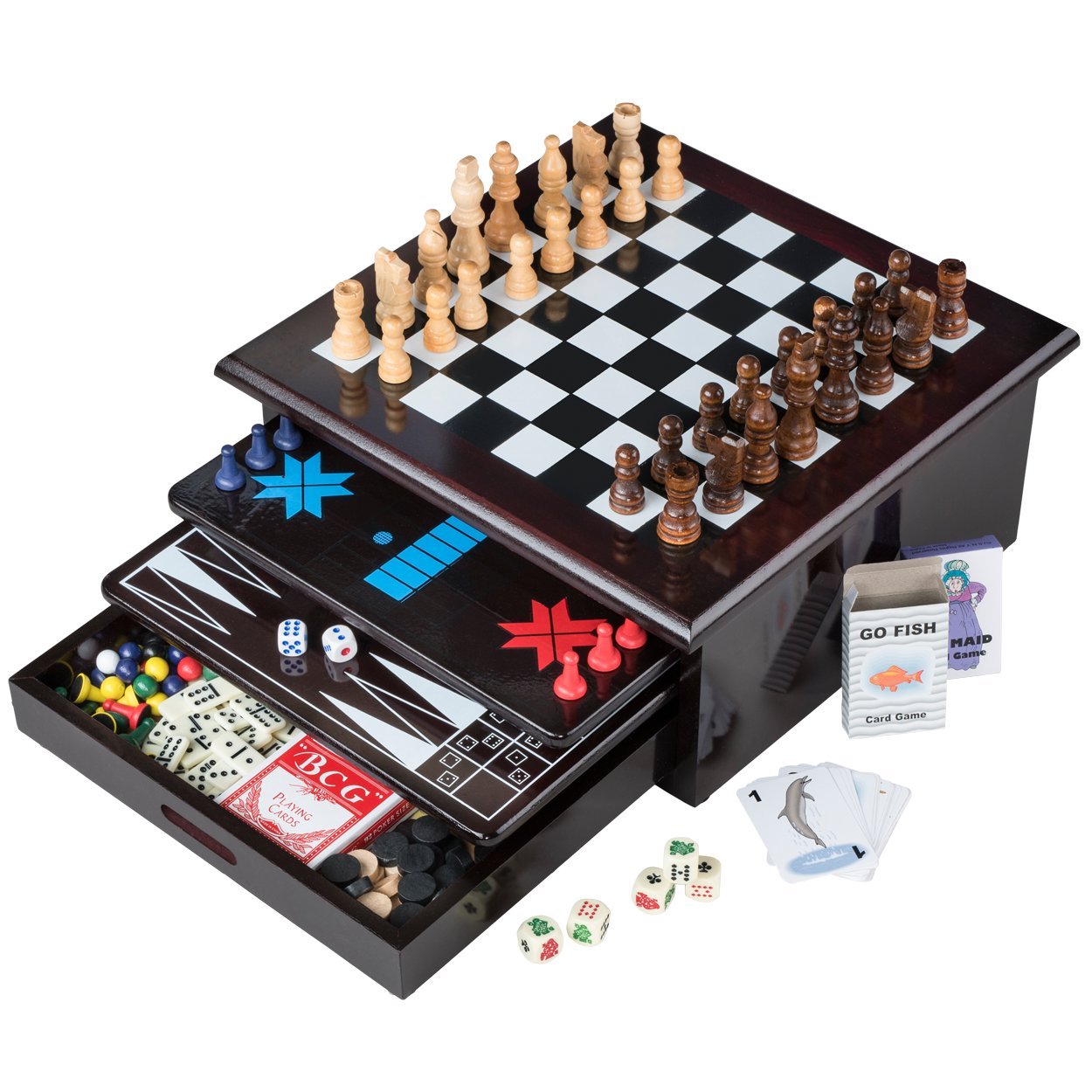 Board Game Set - Deluxe 15 in 1 Tabletop Wood-accented Game Center with Storage Drawer (Checkers, Chess, Chinese Checkers, Parcheesi, TicTacToe