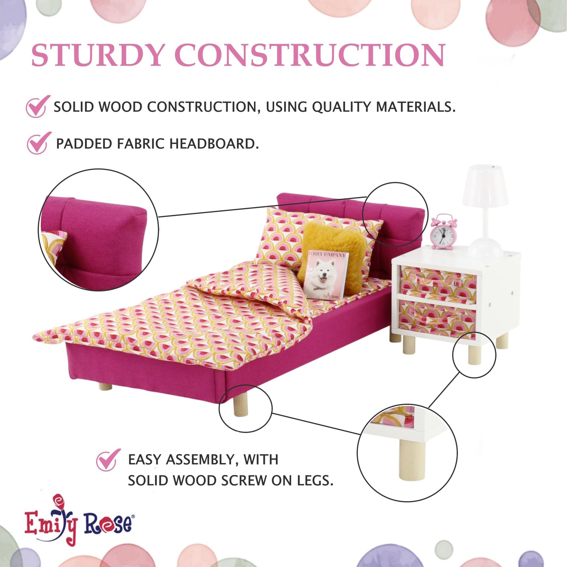 Emily Rose 18" Doll Pink Fabric Bed with Nightstand