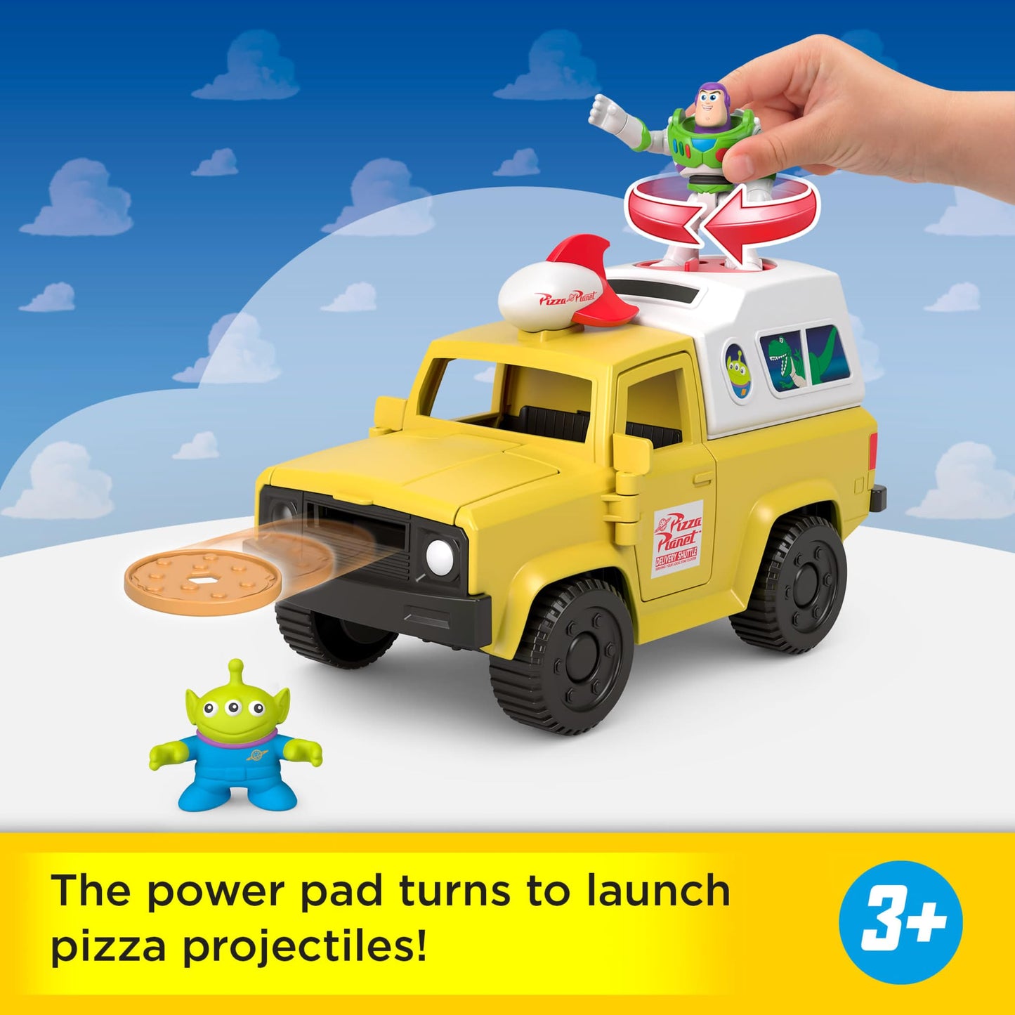 Fisher-Price Imaginext Disney and Pixar Toy Story Pizza Planet Truck with 3-inch Buzz Lightyear & Alien Friend Action Figures, Toy Vehicle & Pizza