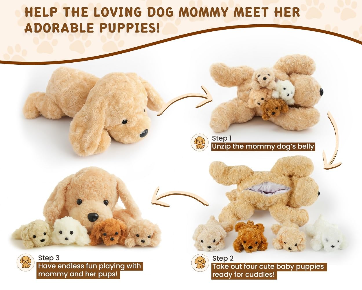 Chirpy Chums Classic Dog Family - 17” Mommy Dog Stuffed Animal with 4 Baby Puppies Inside, Zipper Belly Surprise Plush, Ultra-Soft Mommy & Puppy Plush