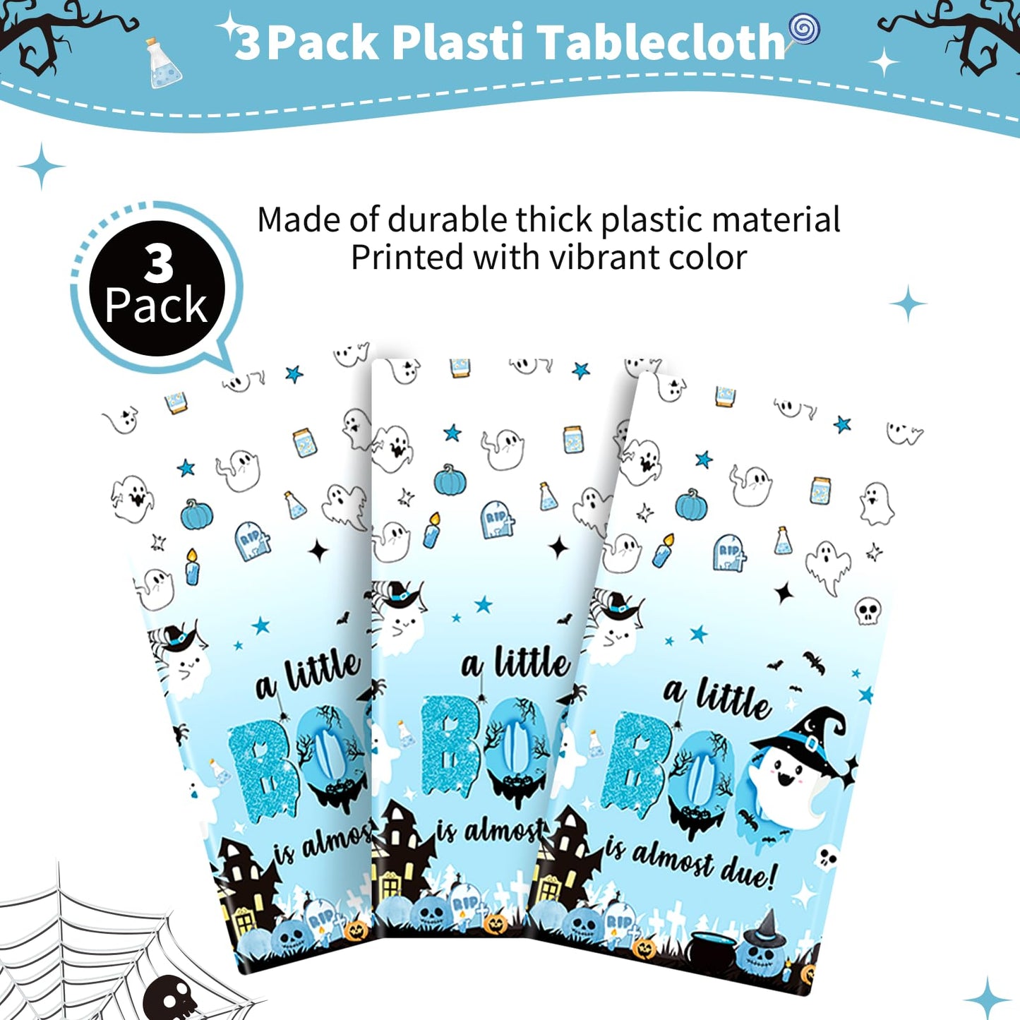 Yavxzvbw 3Pcs A Little Boo is Almost Due Baby Shower Boy Halloween Tablecloth Little Boo Baby Shower Decorations Boy for Blue Halloween Baby Shower