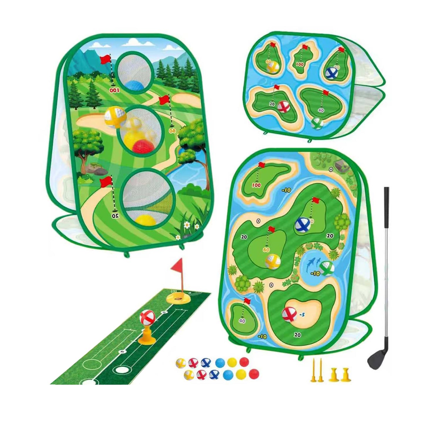haoetcw 4-in-1 Kids Sticky Golf Games Set with Club, Golf Putting Practice Mat,3-Sided Golf Chipping Net, Multiple Game Modes, Golf Cornhole Board Set