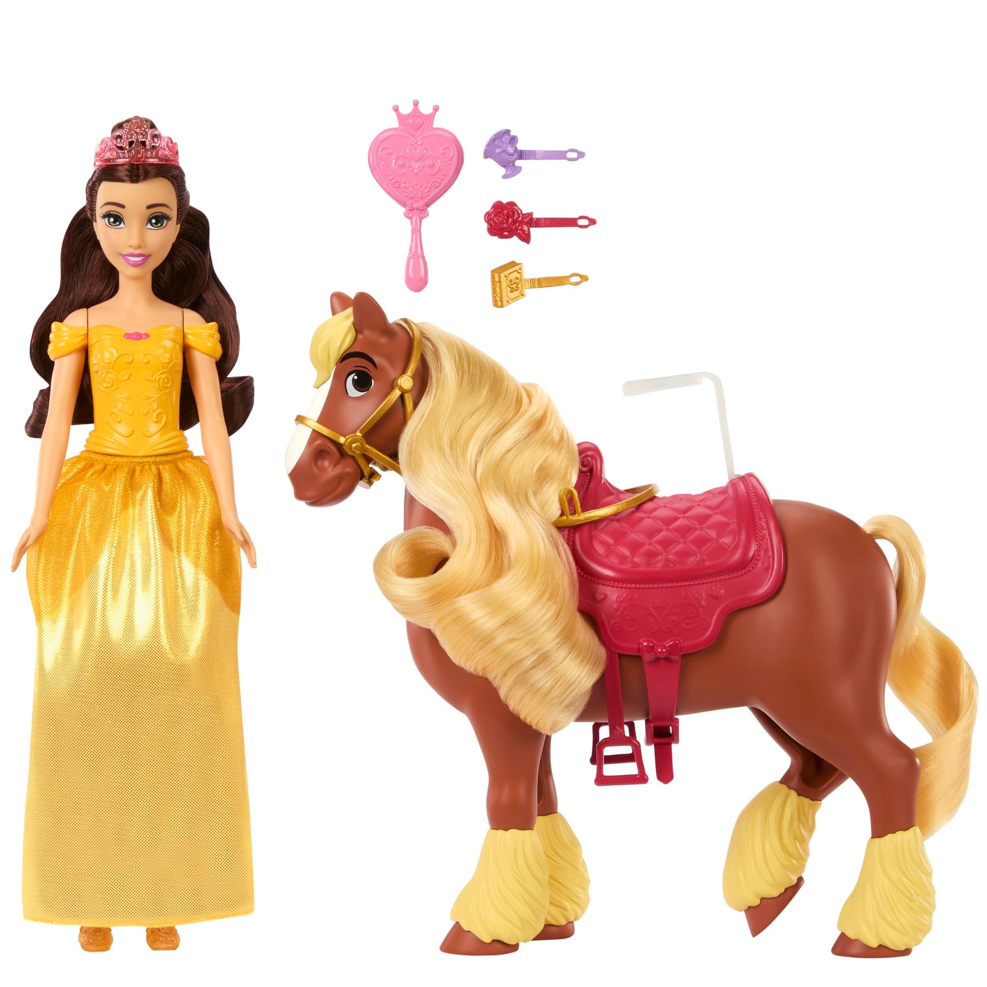 Mattel Disney Princess Toys, Belle Fashion Doll & Philippe Horse with Saddle, Brushable Mane & Tail & 4 Styling Accessories, Inspired by Movie