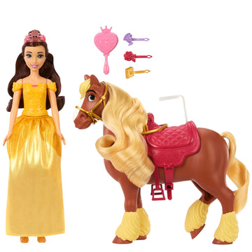 Mattel Disney Princess Toys, Belle Fashion Doll & Philippe Horse with Saddle, Brushable Mane & Tail & 4 Styling Accessories, Inspired by Movie
