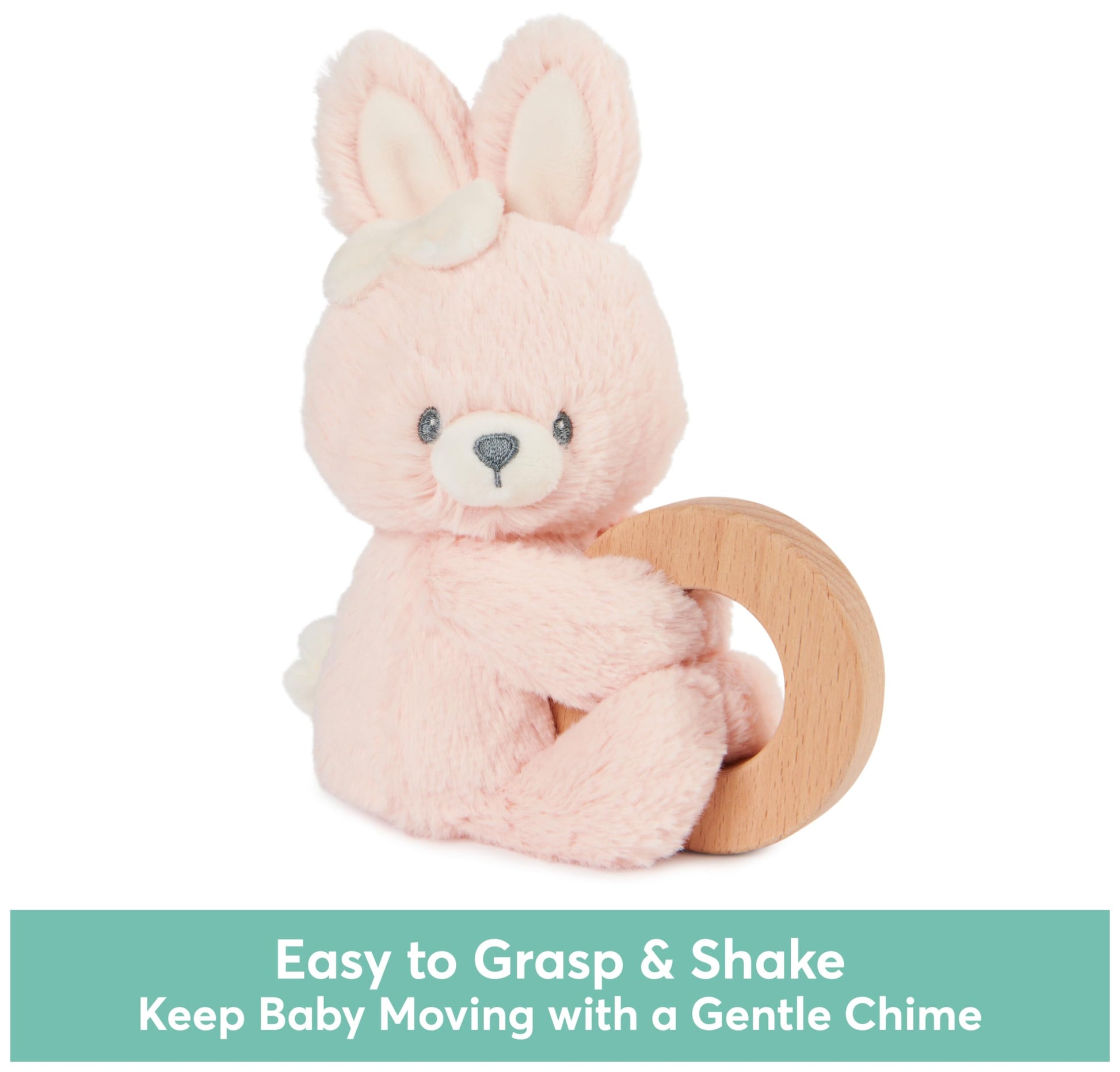 GUND Baby Sustainable Bunny Ring Rattle, Stuffed Animal Plush Made from 100% Recycled Plush Materials, Wooden Rattle for Babies and Newborns, Pink,