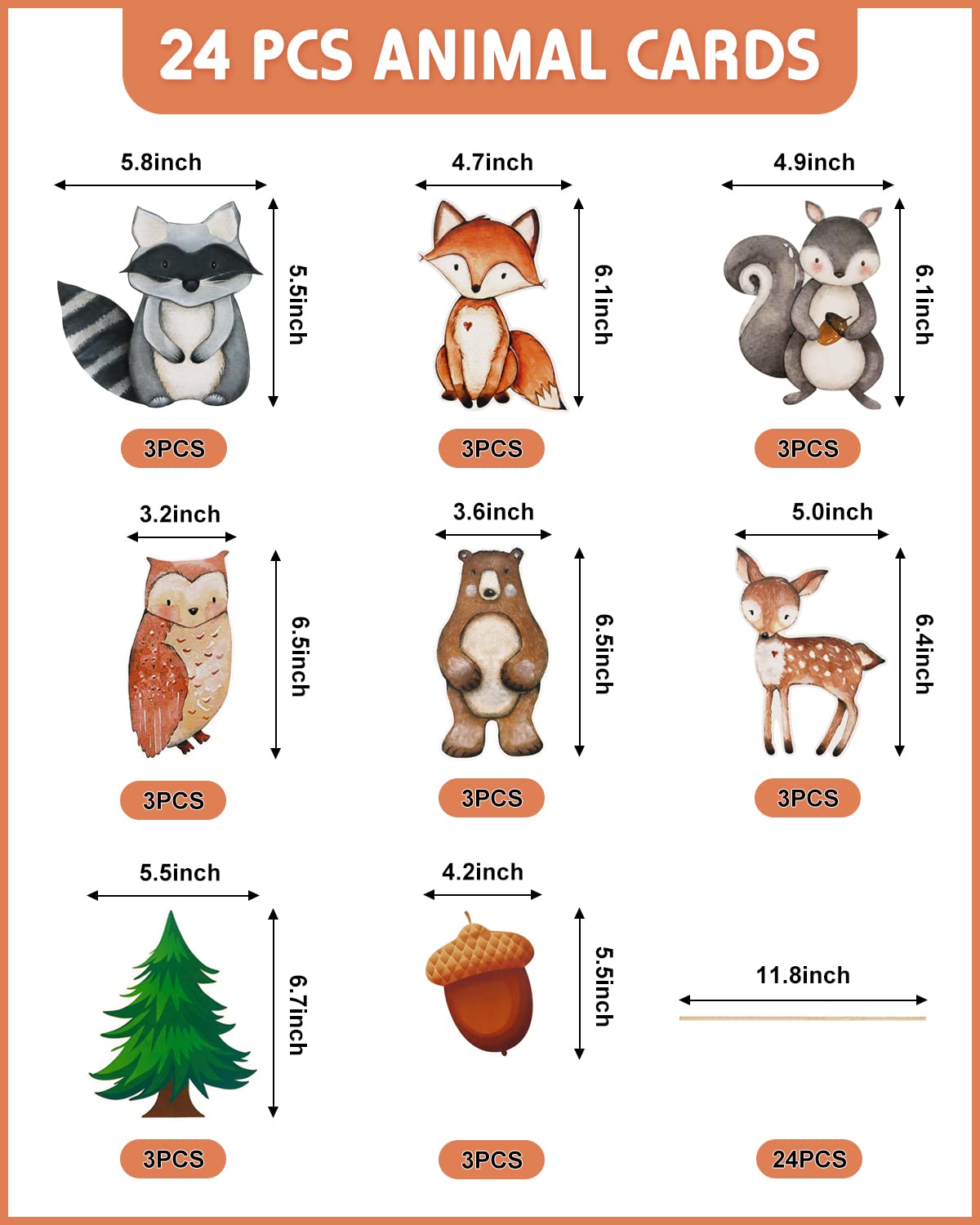 yuuzue 24pcs Woodland Animals Cake Topper, Baby Shower Decorations, Double-Sided Printed Forest Friends Centerpiece Sticks for Wild One Camping Party