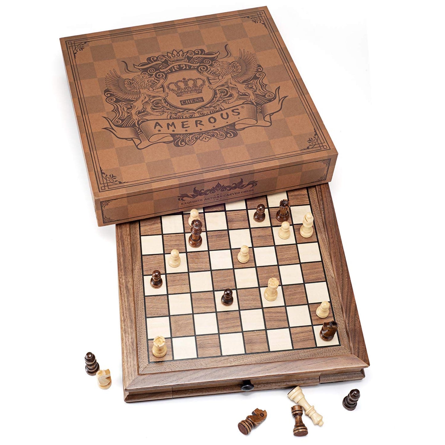 AMEROUS Magnetic Wooden Chess Set, 12.8" x 12.8" Walnut Chess Board Game with 2 Built-in Storage Drawers - 2 Bonus Extra Queens - Chess for Beginner