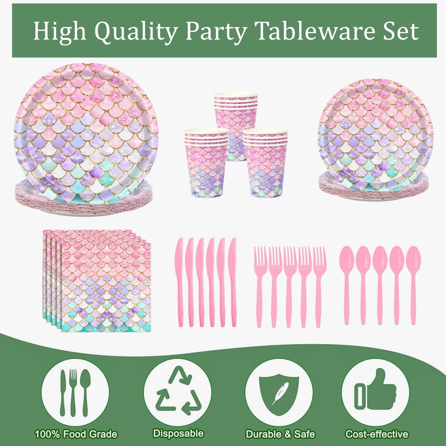 168 Pcs Mermaid Birthday Party Decorations Plates Set for 24 Princess Girls