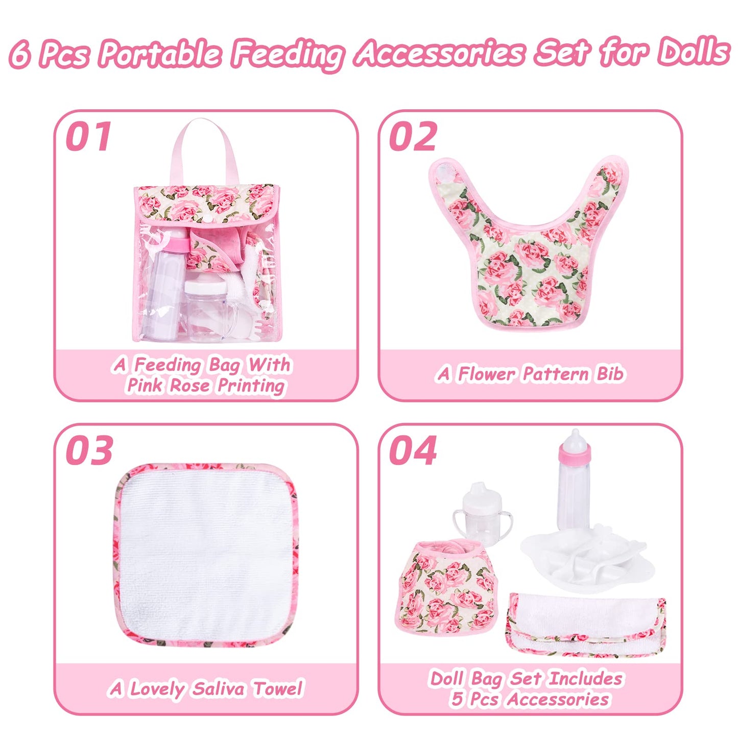 Rakki Dolli Feeding Set Nursery Bag Set for Dolls, Plate Together with Spoon, Fork, Milk Bottle, Juice Cup, Towel &Bib