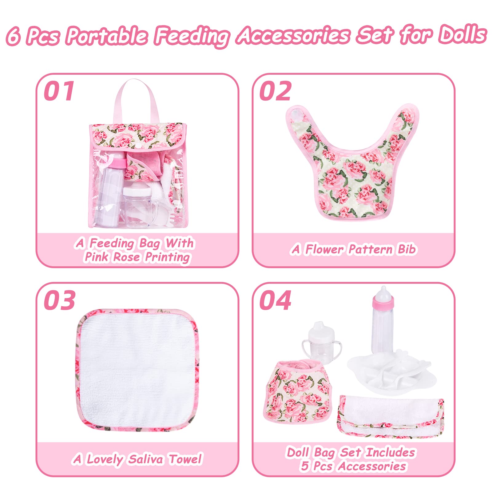 Rakki Dolli Feeding Set Nursery Bag Set for Dolls, Plate Together with Spoon, Fork, Milk Bottle, Juice Cup, Towel &Bib