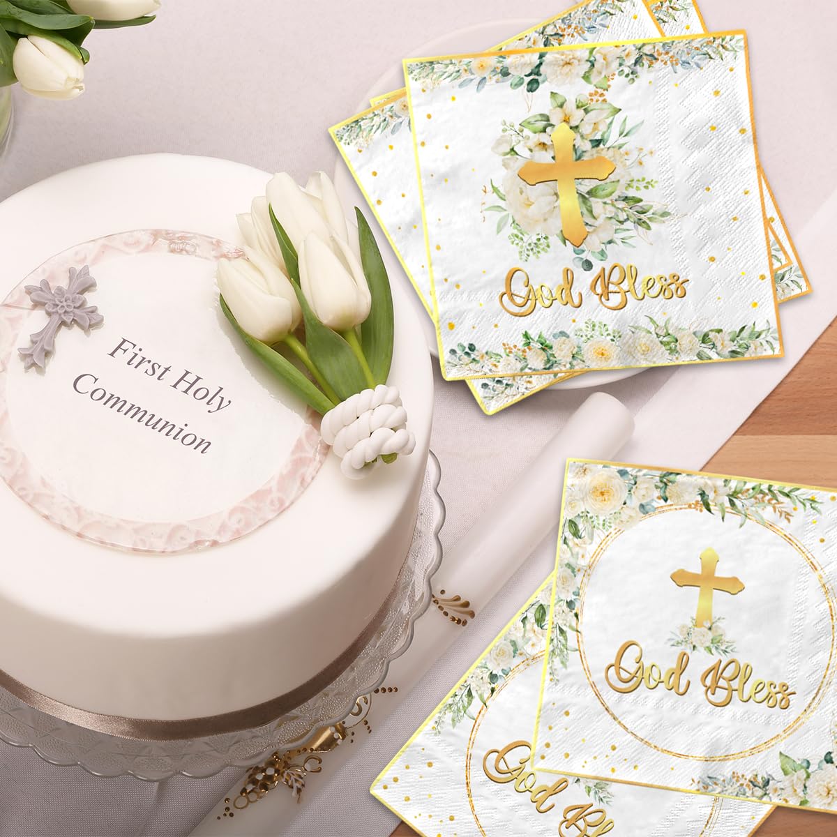40pcs Floral God Bless Napkins Baptism Decorations for Girl Baptism Paper Napkins Religious Disposable First Communion Holy Christening Party Supplies