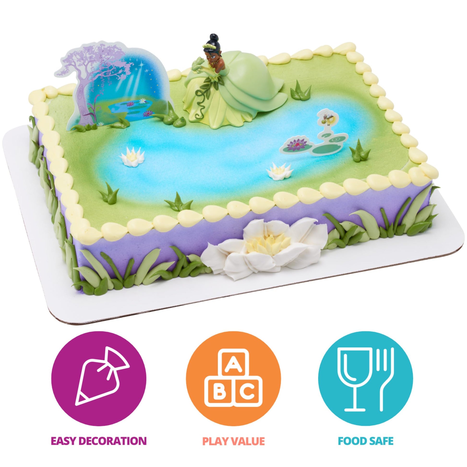 DecoSet® Disney Princess Tiana Cake Topper, 3-Piece Cake Decoration With Tiana And Frog Figurine, Water Lily Pic, And Background Scenery Pic