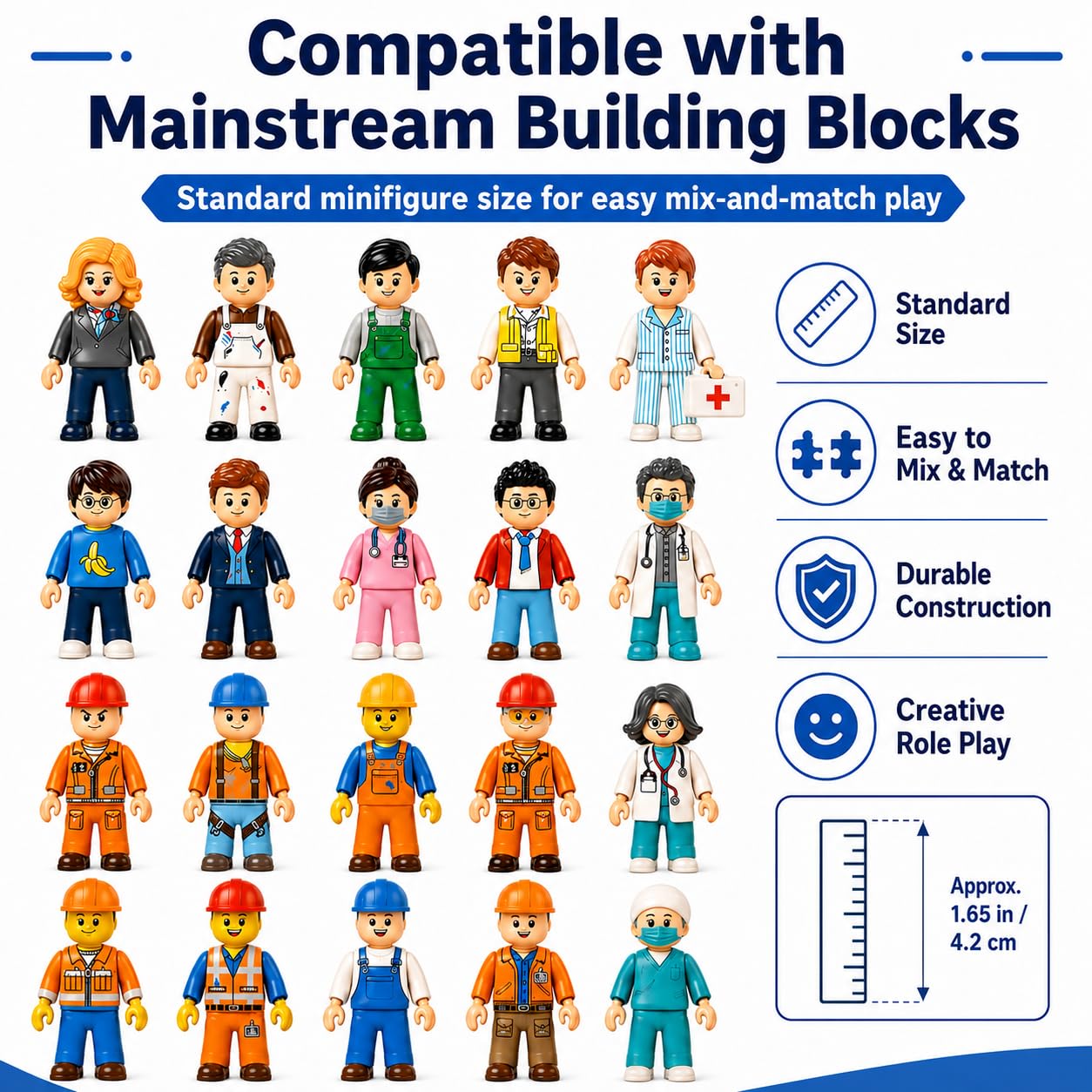 Whimzory 20 PCS City Mini Figures, Compatible with Major Building Bricks - Doctor, Nurse, Engineer, Police, Construction Worker. Bulk Action Figure