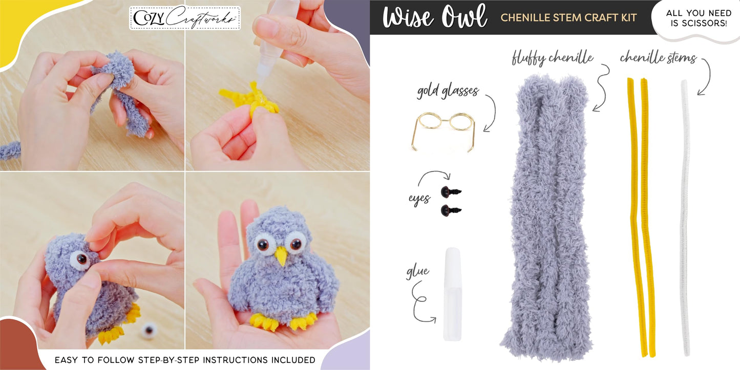 WeVeel Cozy Craftworks Chenille Stem Animal Craft Kit for Adults - Create 4 Adorable Animals (Kitty, Puppy, Bird & Owl) - Relaxing DIY Arts & Crafts