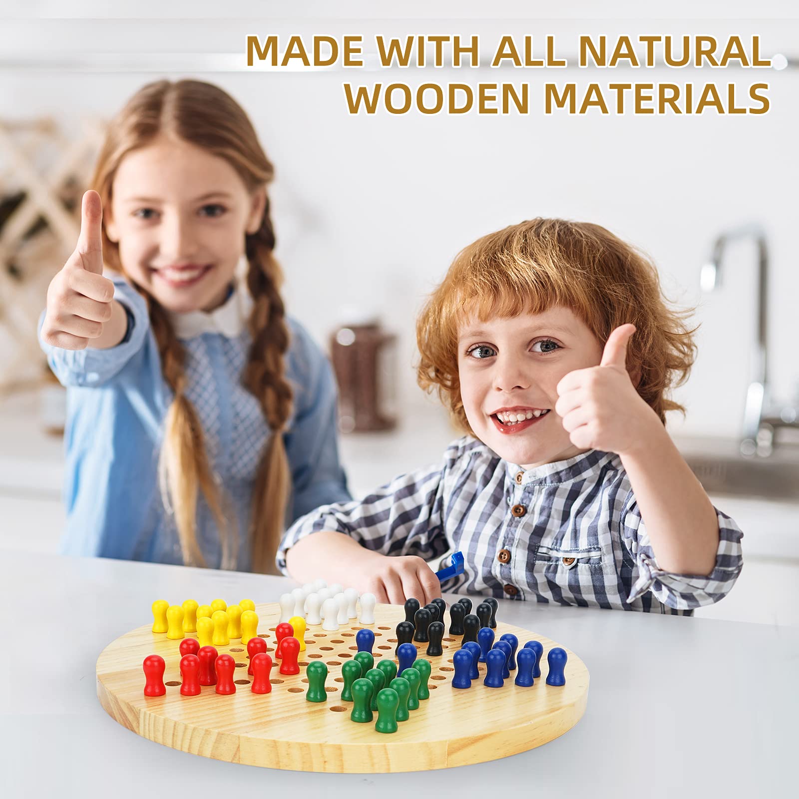 Win SPORTS Chinese Checkers Board - Classic Strategy Game & Fun for The Whole Family, Includes 60 Wooden Pegs in 6 Colors, Made with Natural Wood