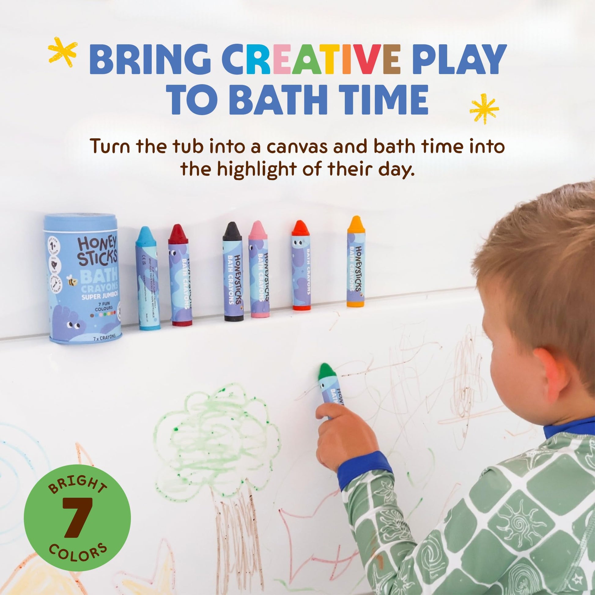 Honeysticks Super Jumbo Bath Crayons Non Toxic (7 Pack) for Toddlers 1-3 and Kids 4-8, Natural Beeswax Crayons, Food-Grade Colors, Fragrance Free, Non