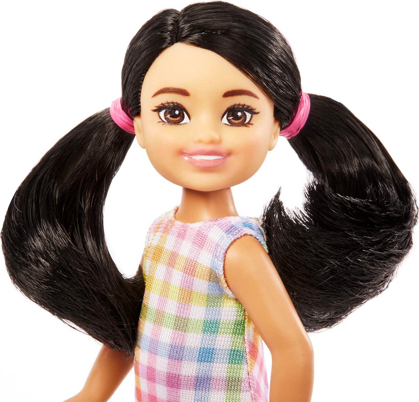 Barbie Chelsea Doll, Small Doll with Black Hair in Pigtails & Brown Eyes Wearing Removable Plaid Dress & Pink Shoes