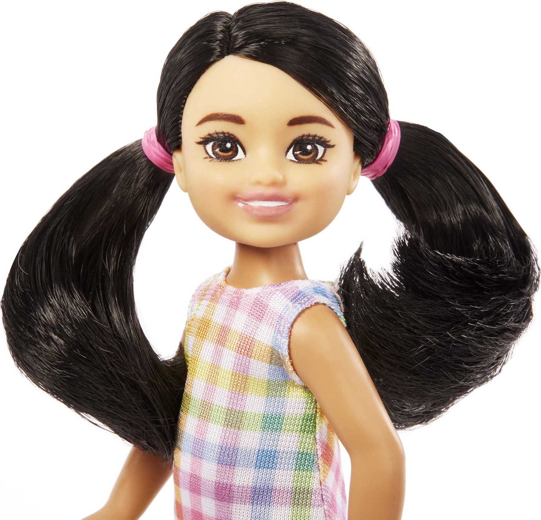 Barbie Chelsea Doll, Small Doll with Black Hair in Pigtails & Brown Eyes Wearing Removable Plaid Dress & Pink Shoes